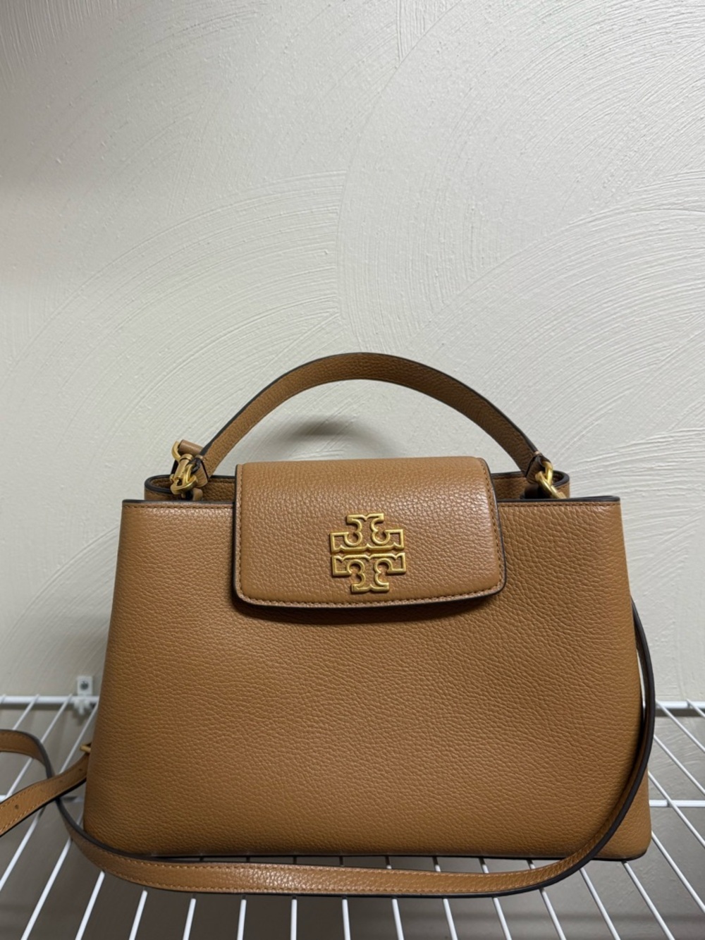 Tory Burch Tan Pebbled Leather Top-Handle Bag with Gold Logo
